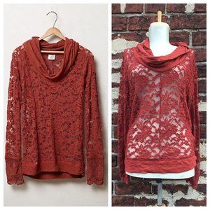 Anthropologie Top Lilka Sheer Lace Cowl Neck